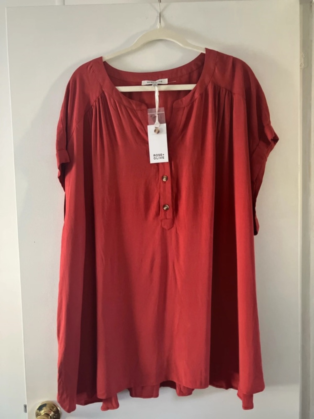 Rose and Olive rust short sleeve rayon blouse button women’s sz 3X